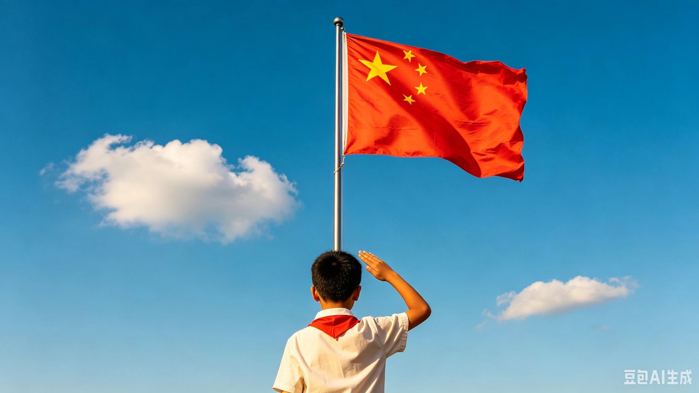 少先队员背影向国旗敬礼